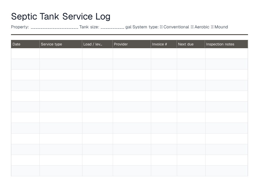 Septic Tank Service Log — printable PDF preview