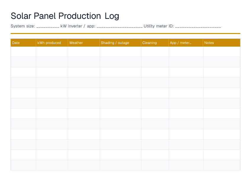 Solar Panel Production Log — printable PDF preview
