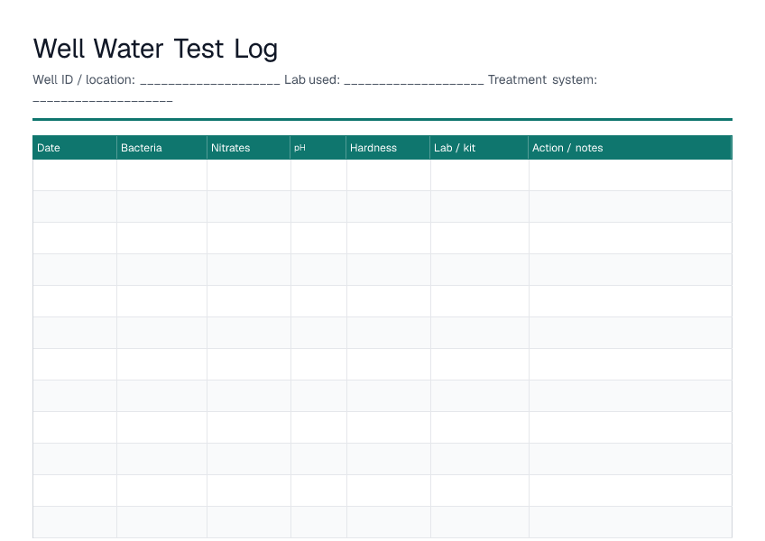 Well Water Test Log — printable PDF preview
