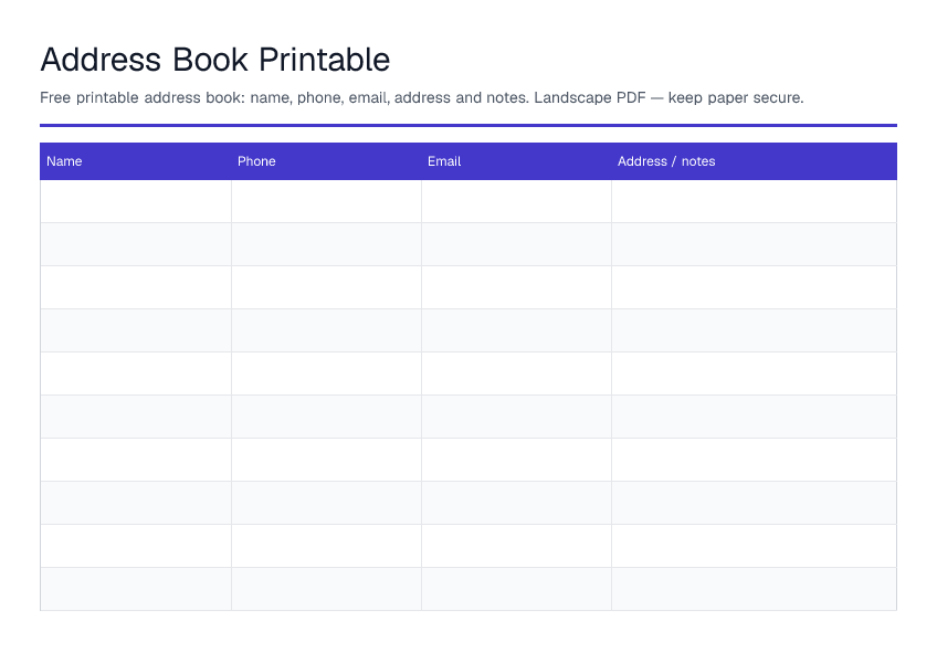 Address Book Printable — printable PDF preview