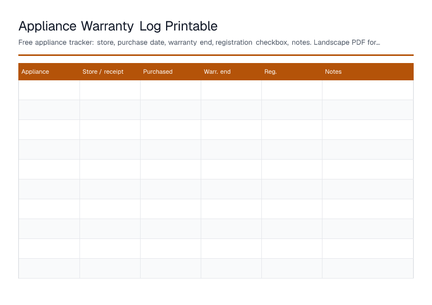 Appliance Warranty Log Printable — printable PDF preview