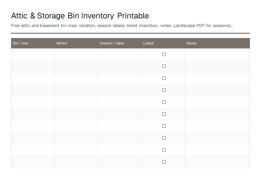 Attic & Storage Bin Inventory Printable — printable PDF preview