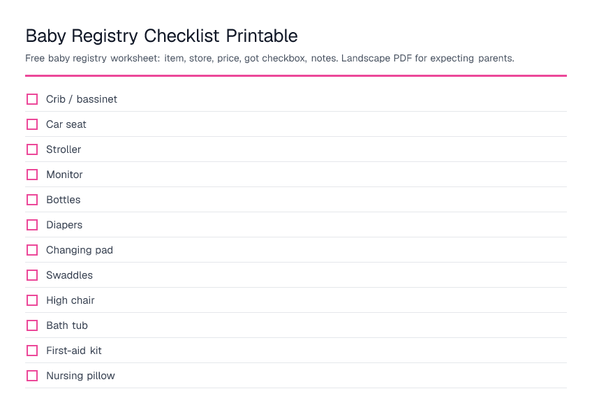 Baby Registry Checklist Printable — printable PDF preview