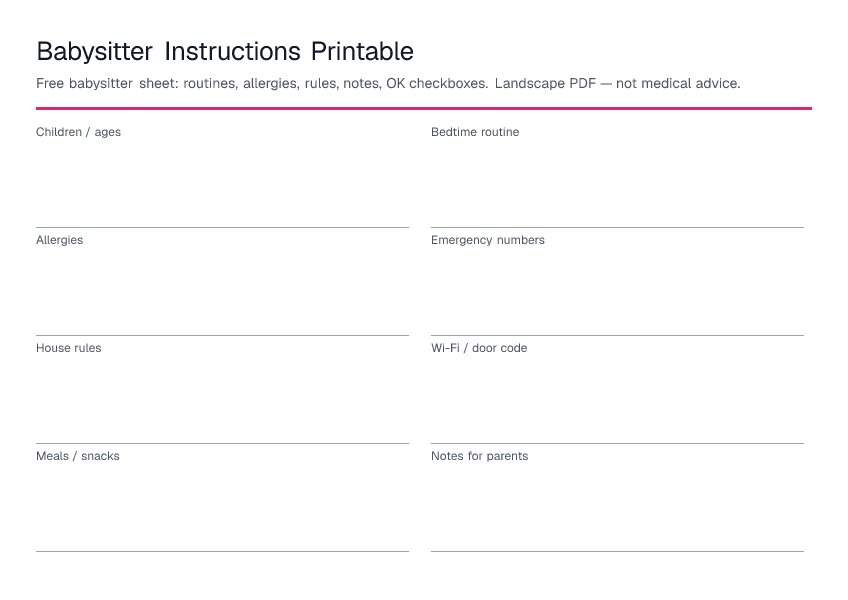 Babysitter Instructions Printable — printable PDF preview
