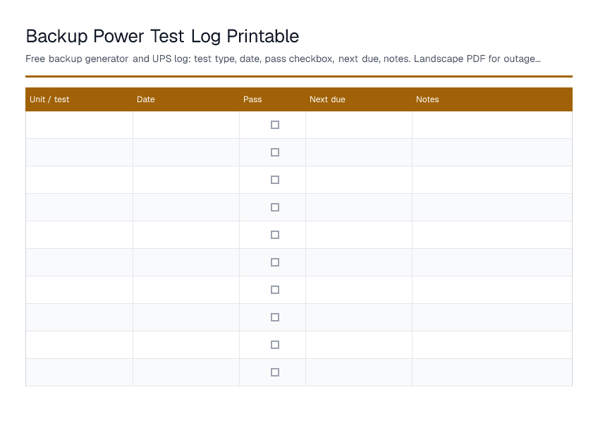 Backup Power Test Log Printable — printable PDF preview
