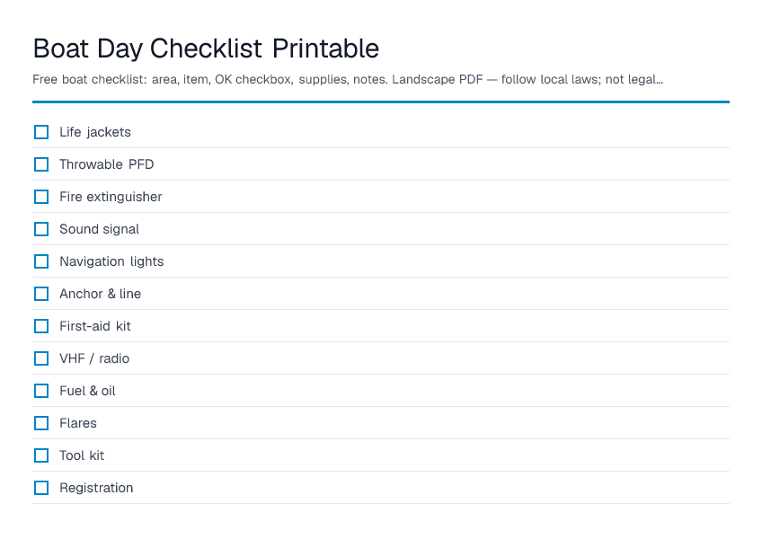 Boat Day Checklist Printable — printable PDF preview