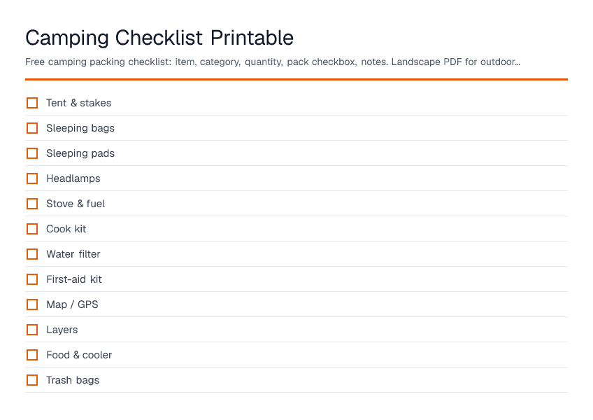 Camping Checklist Printable — printable PDF preview