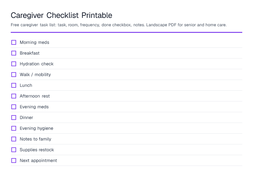 Caregiver Checklist Printable — printable PDF preview
