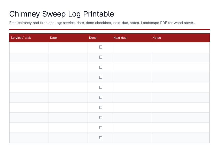 Chimney Sweep Log Printable — printable PDF preview