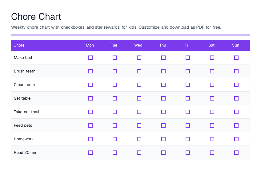 Chore Chart — printable PDF preview