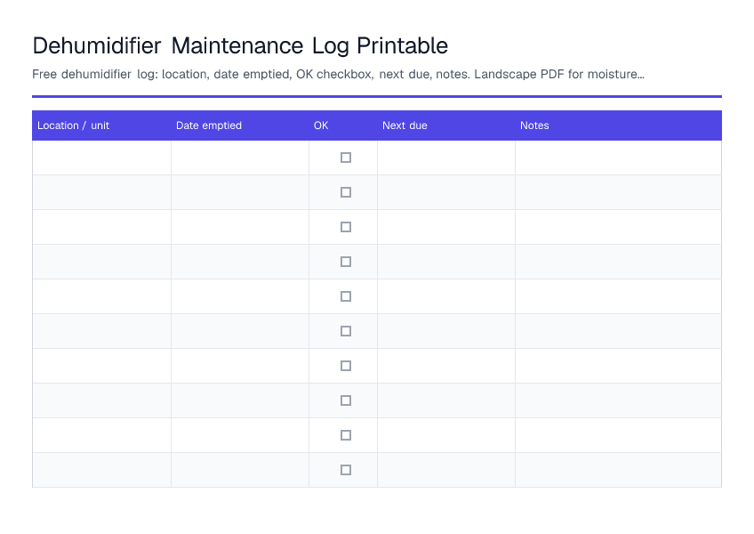 Dehumidifier Maintenance Log Printable — printable PDF preview