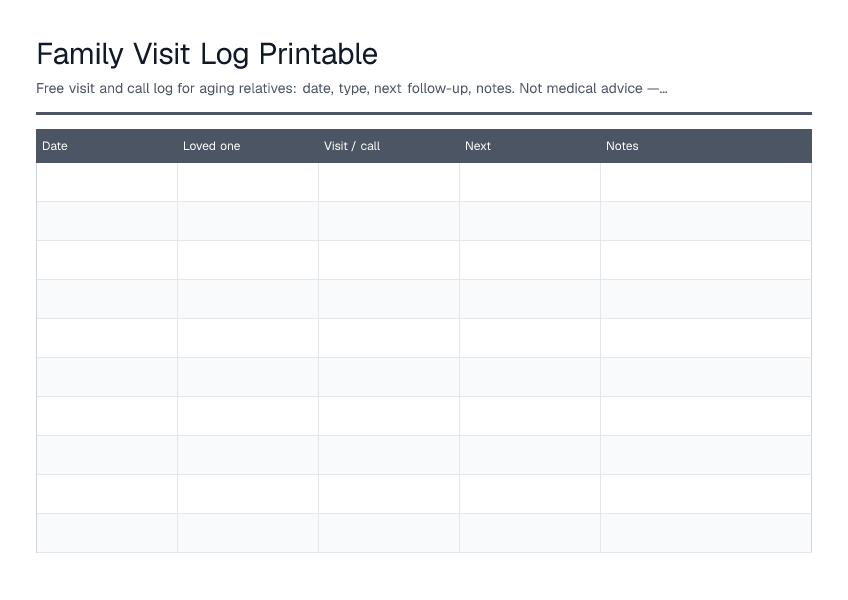 Family Visit Log Printable — printable PDF preview