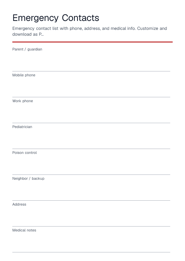 Emergency Contacts — printable PDF preview