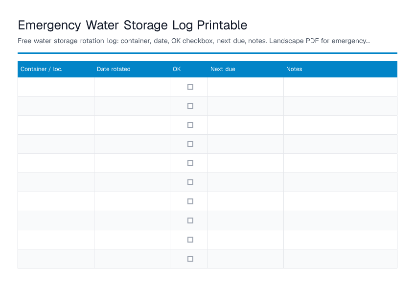 Emergency Water Storage Log Printable — printable PDF preview