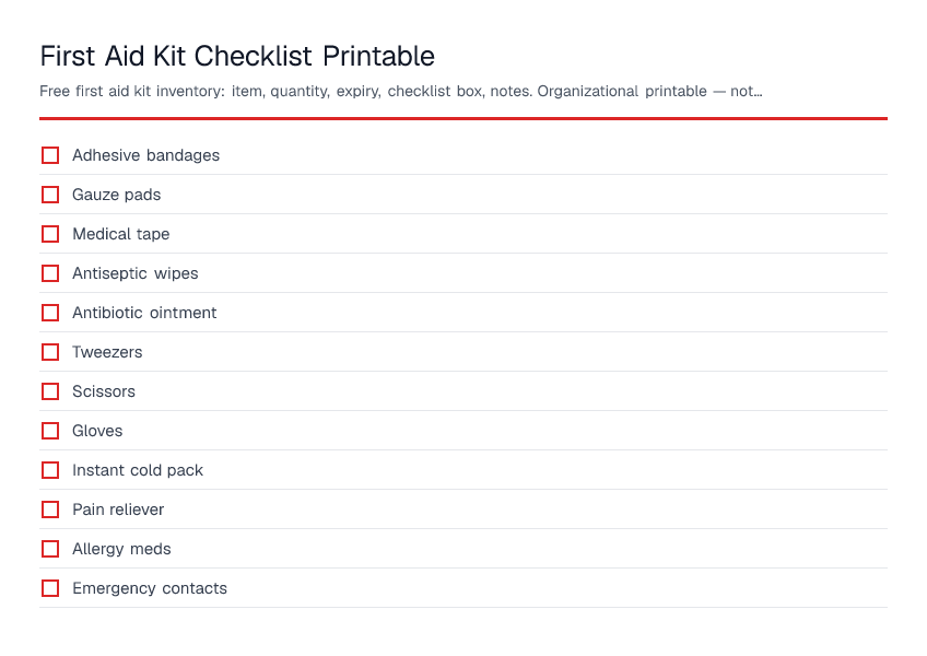 First Aid Kit Checklist Printable — printable PDF preview