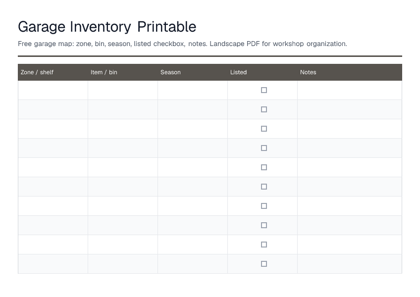 Garage Inventory Printable — printable PDF preview