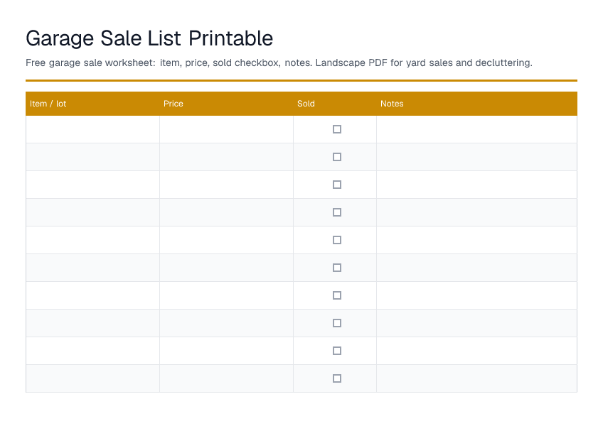 Garage Sale List Printable — printable PDF preview