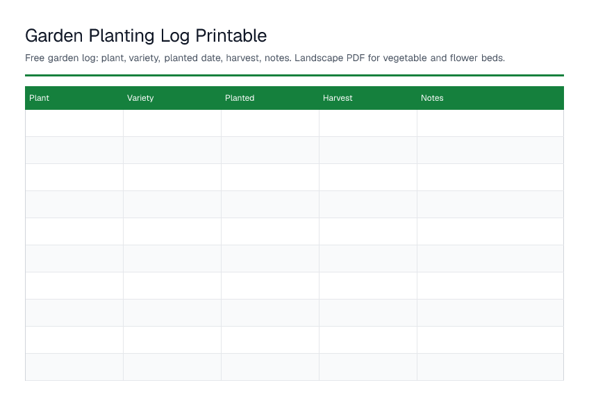 Garden Planting Log Printable — printable PDF preview
