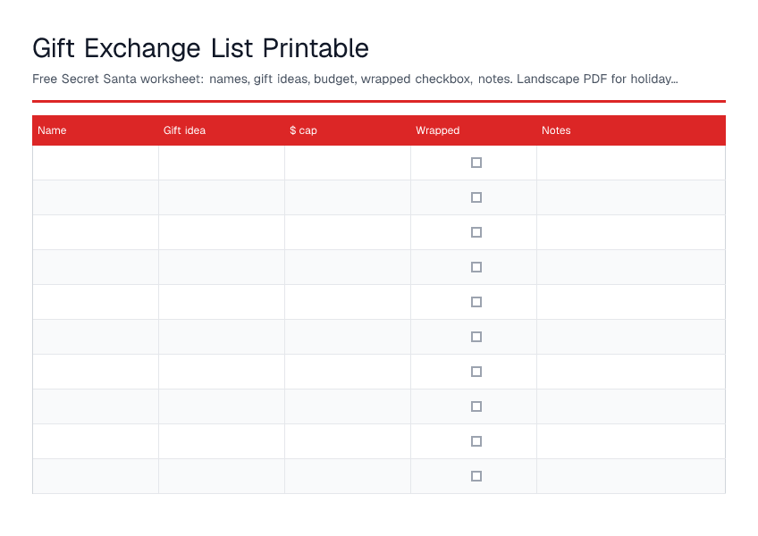 Gift Exchange List Printable — printable PDF preview