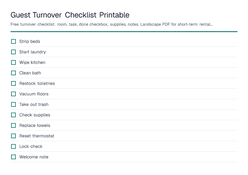 Guest Turnover Checklist Printable — printable PDF preview