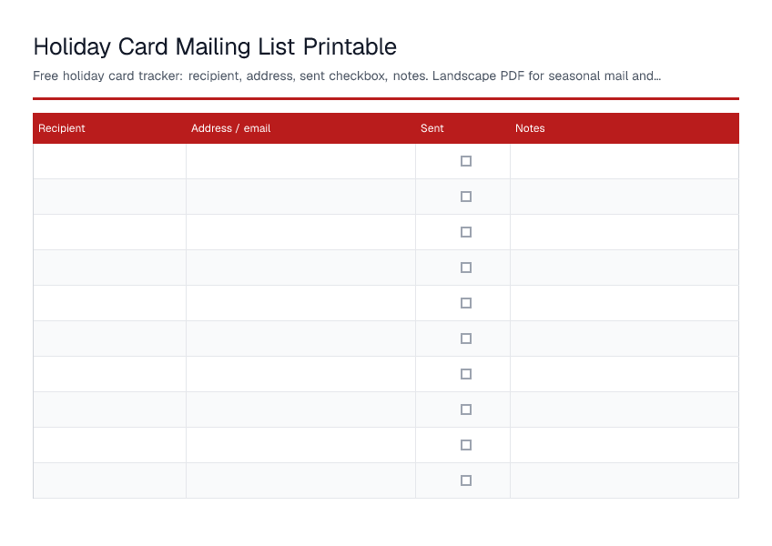 Holiday Card Mailing List Printable — printable PDF preview