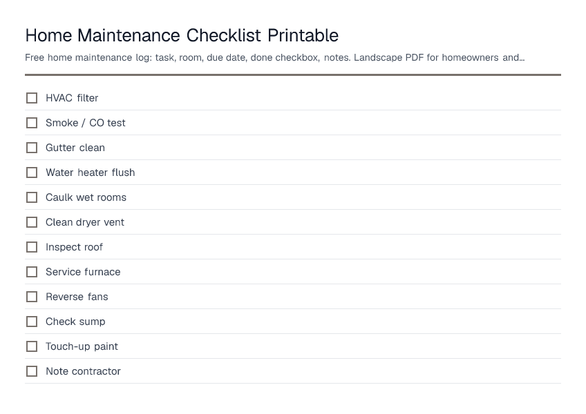 Home Maintenance Checklist Printable — printable PDF preview