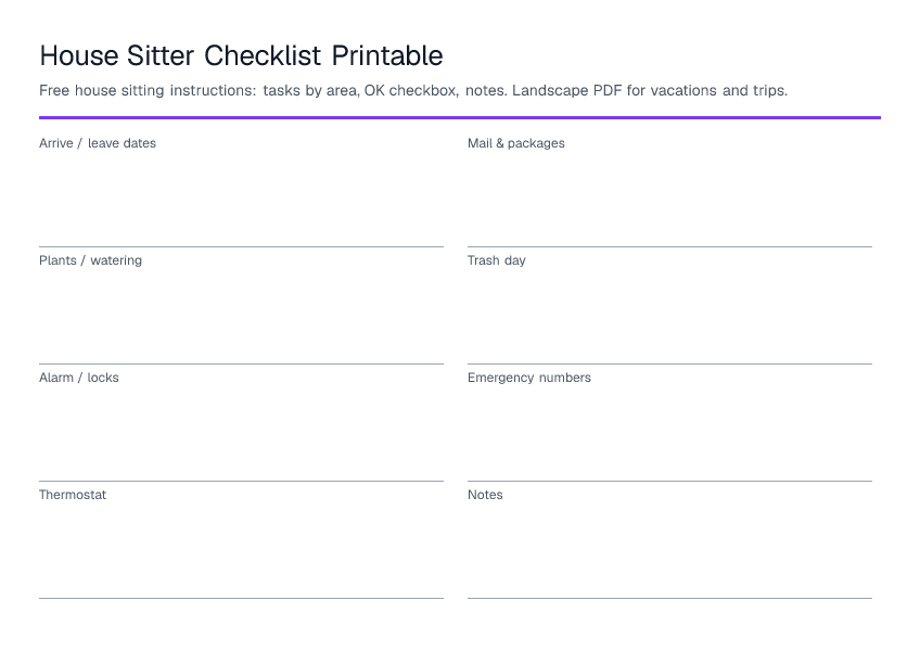 House Sitter Checklist Printable — printable PDF preview