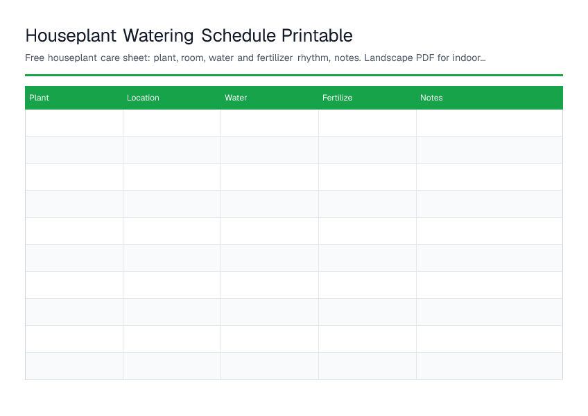 Houseplant Watering Schedule Printable — printable PDF preview