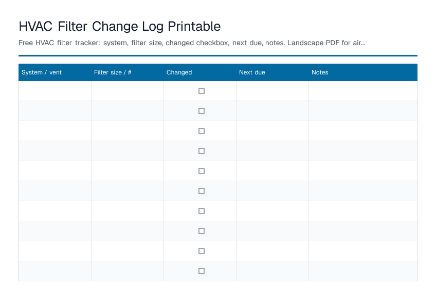 HVAC Filter Change Log Printable — printable PDF preview
