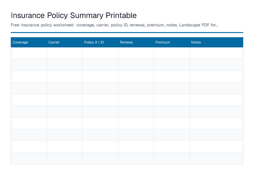 Insurance Policy Summary Printable — printable PDF preview