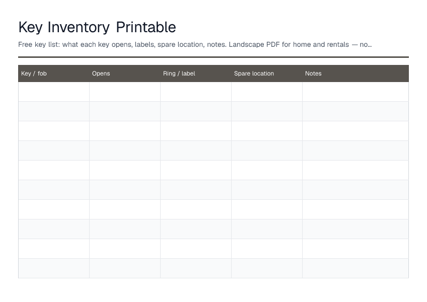 Key Inventory Printable — printable PDF preview