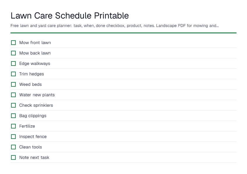 Lawn Care Schedule Printable — printable PDF preview