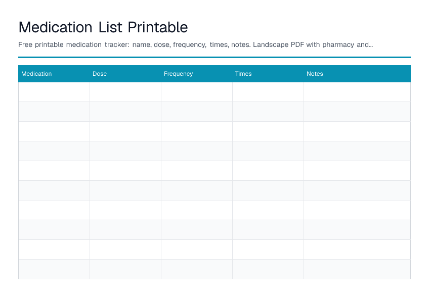 Medication List Printable — printable PDF preview