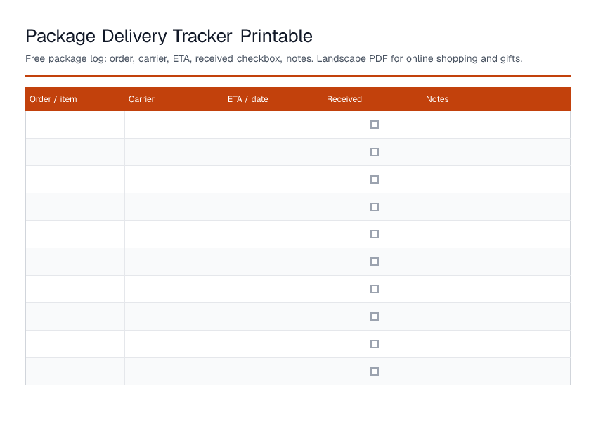 Package Delivery Tracker Printable — printable PDF preview