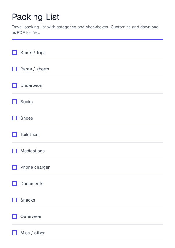 Packing List — printable PDF preview