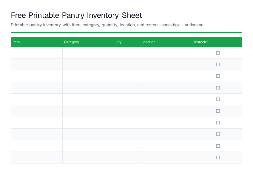 Free Printable Pantry Inventory Sheet — printable PDF preview