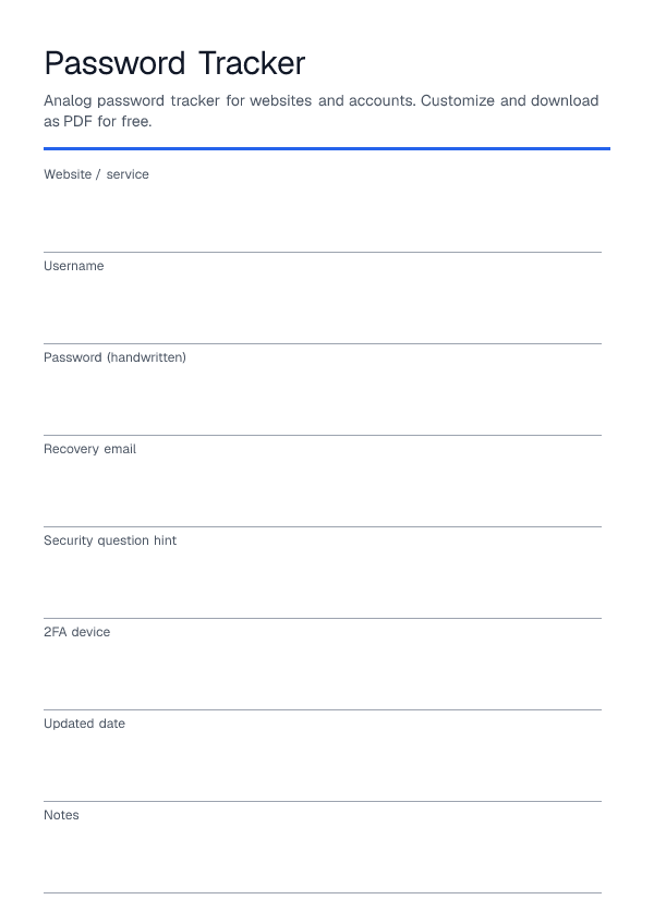 Password Tracker — printable PDF preview