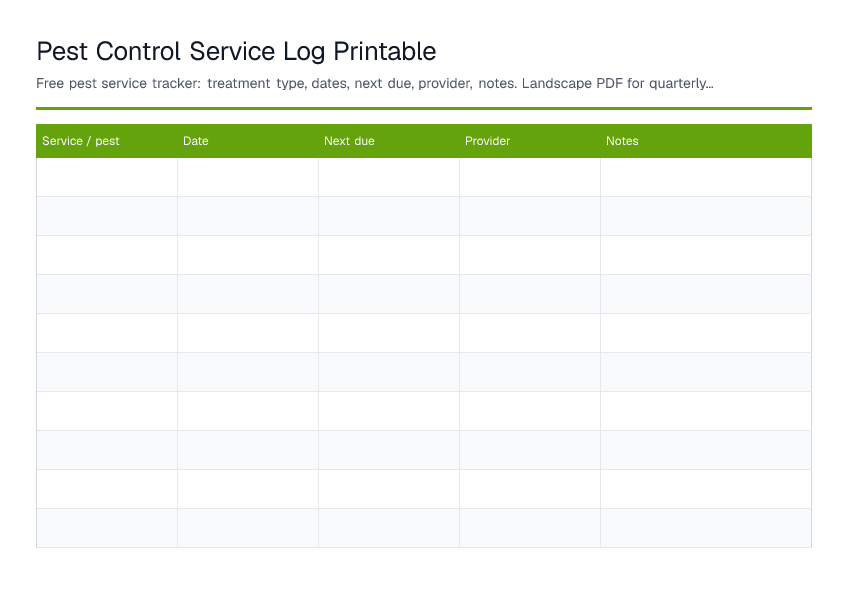 Pest Control Service Log Printable — printable PDF preview