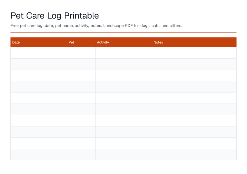 Pet Care Log Printable — printable PDF preview