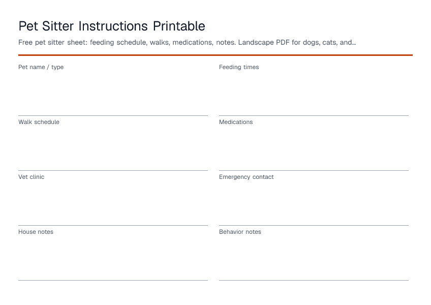 Pet Sitter Instructions Printable — printable PDF preview