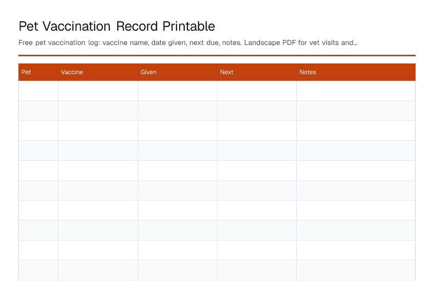 Pet Vaccination Record Printable — printable PDF preview