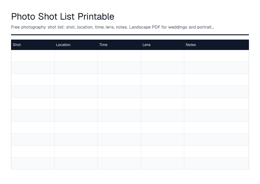 Photo Shot List Printable — printable PDF preview