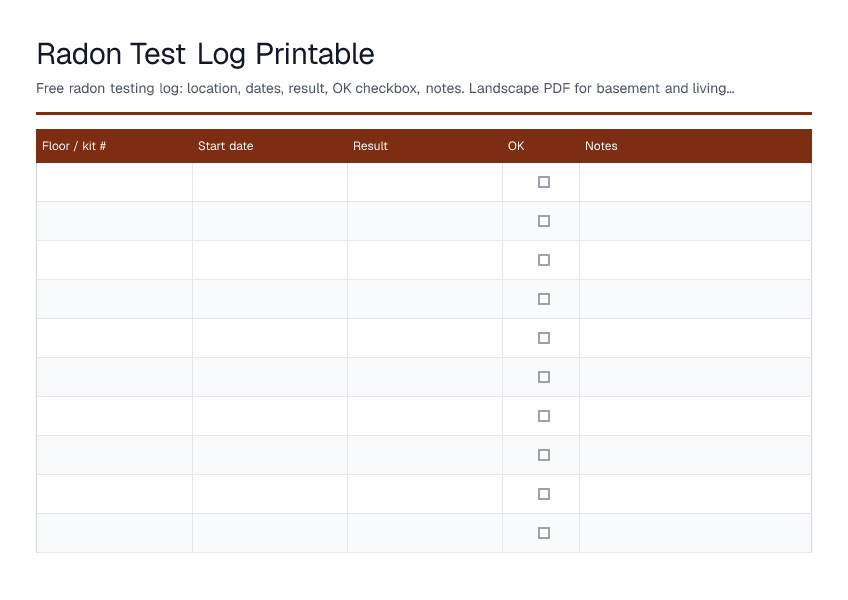Radon Test Log Printable — printable PDF preview
