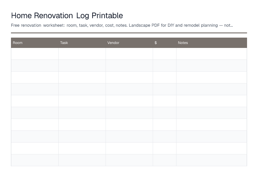 Home Renovation Log Printable — printable PDF preview