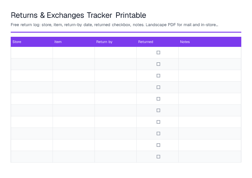 Returns & Exchanges Tracker Printable — printable PDF preview
