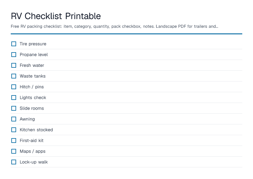 RV Checklist Printable — printable PDF preview