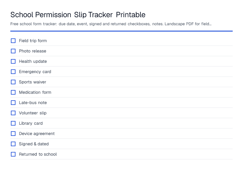 School Permission Slip Tracker Printable — printable PDF preview