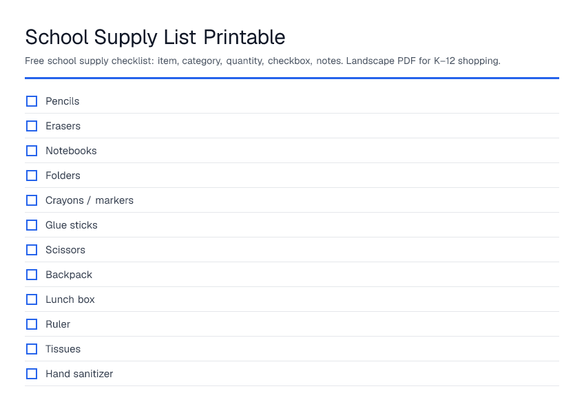 School Supply List Printable — printable PDF preview
