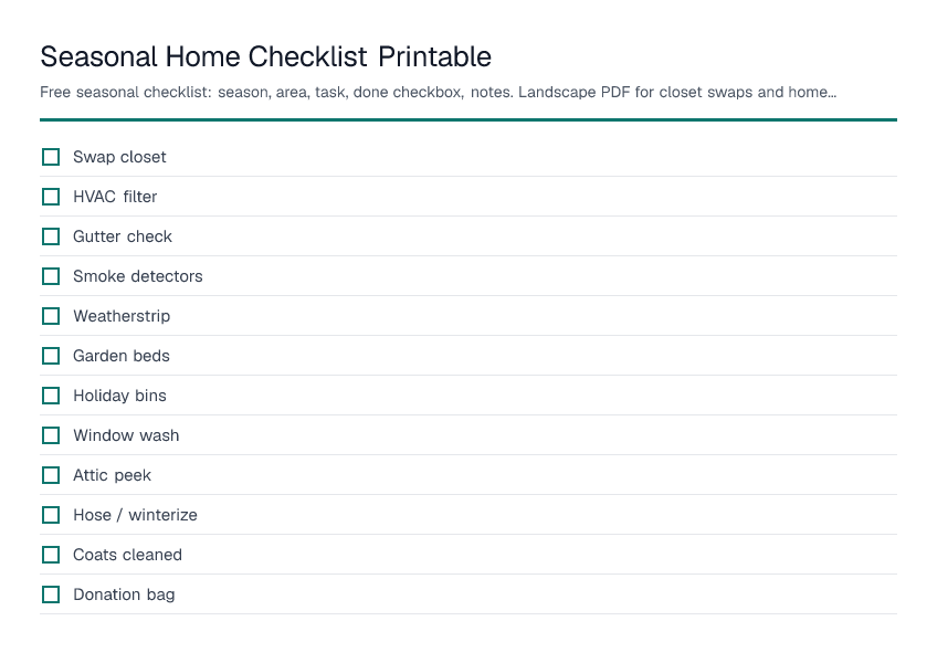 Seasonal Home Checklist Printable — printable PDF preview
