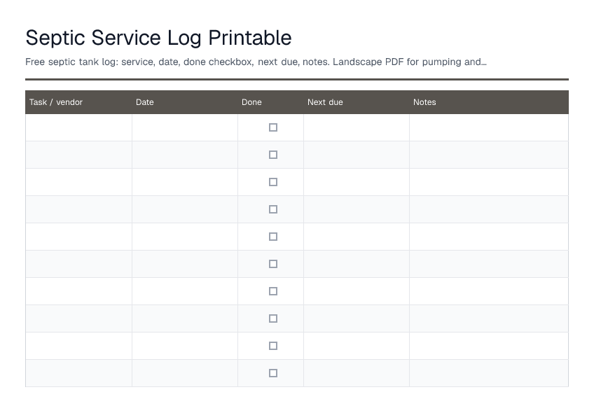 Septic Service Log Printable — printable PDF preview